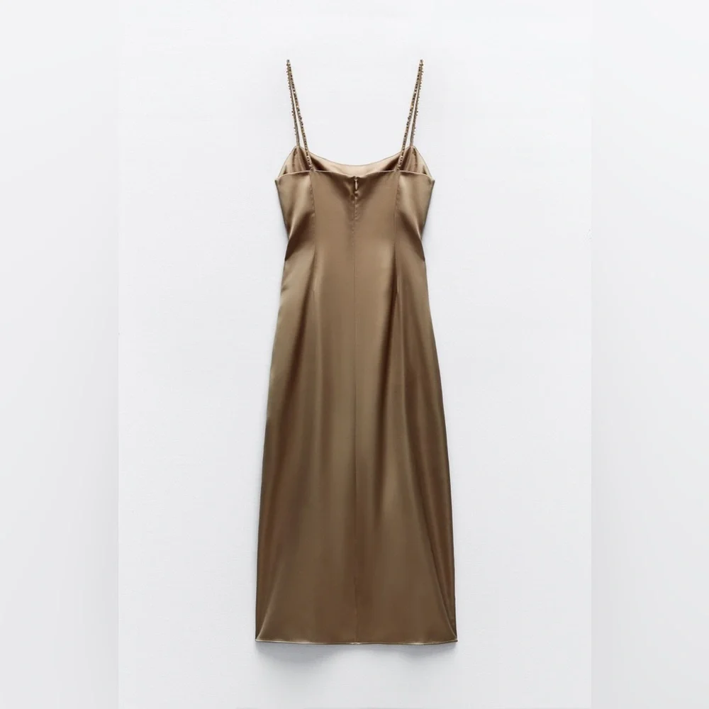 🆕(NWT) ZARA Bloggers Fav Beaded Strap Satin Midi Dress. Size LARGE - Picture 5 of 14